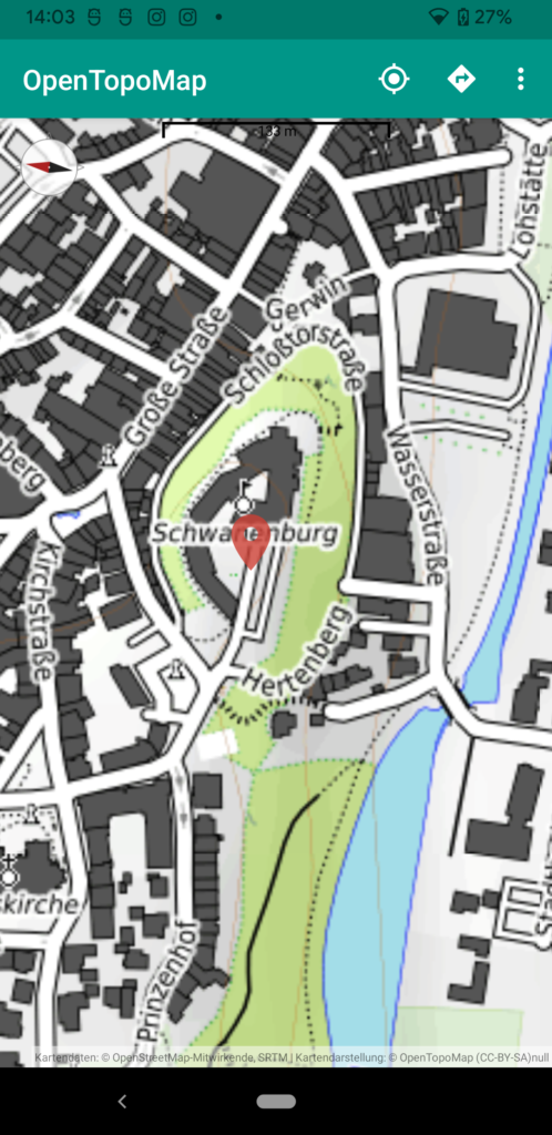 Map view in OpenTopoMap Viewer with a marker added by long-press (Schwanenburg, Kleve)