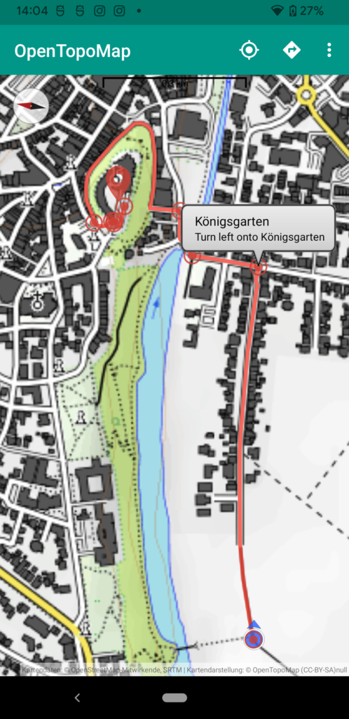 Calculated route displayed on map in OpenTopoMap Viewer